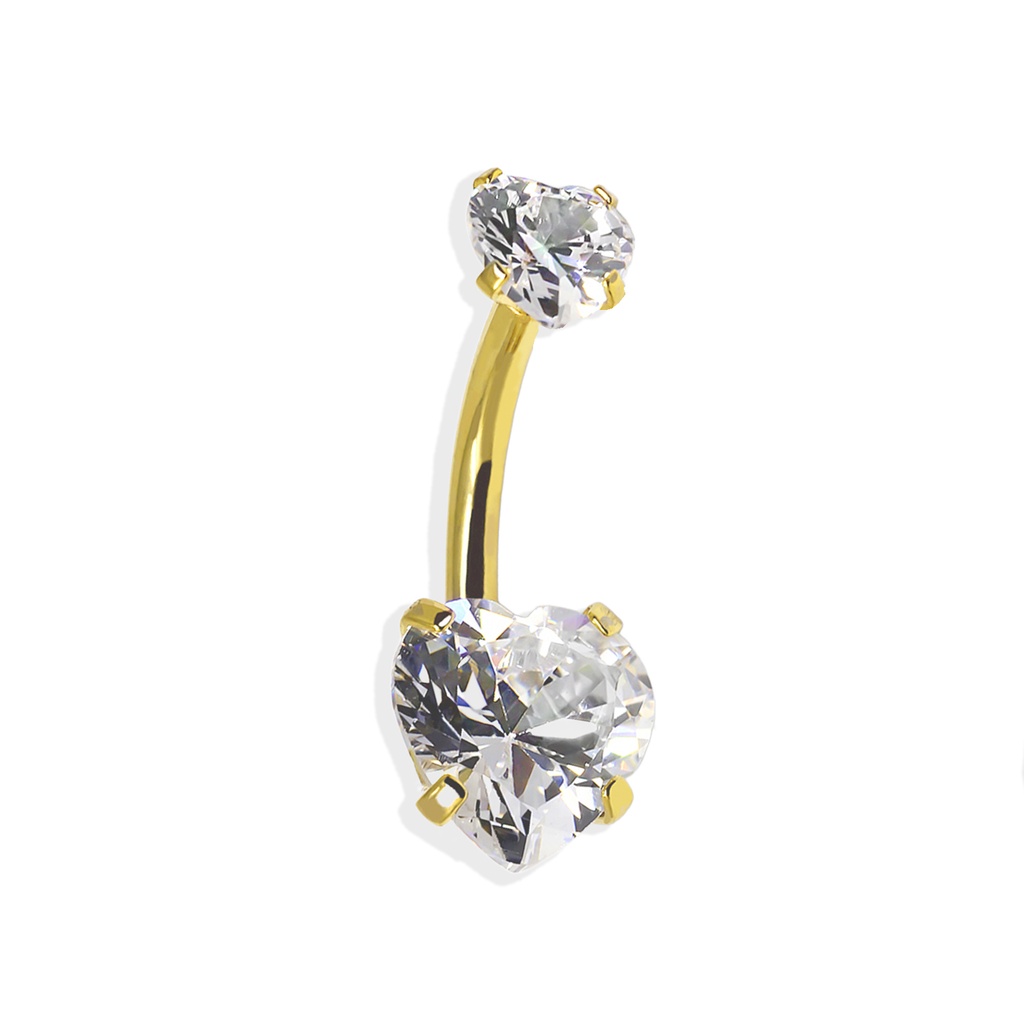 Steel 316L Gold Ti-PVD Coated Bananabell with Prong Setted Heart Stone - CC -Crystal Clear 