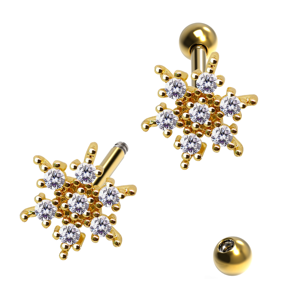 Steel 316L Barbell in Snowflake Brass Design with Crystals - CC Crystal Clear