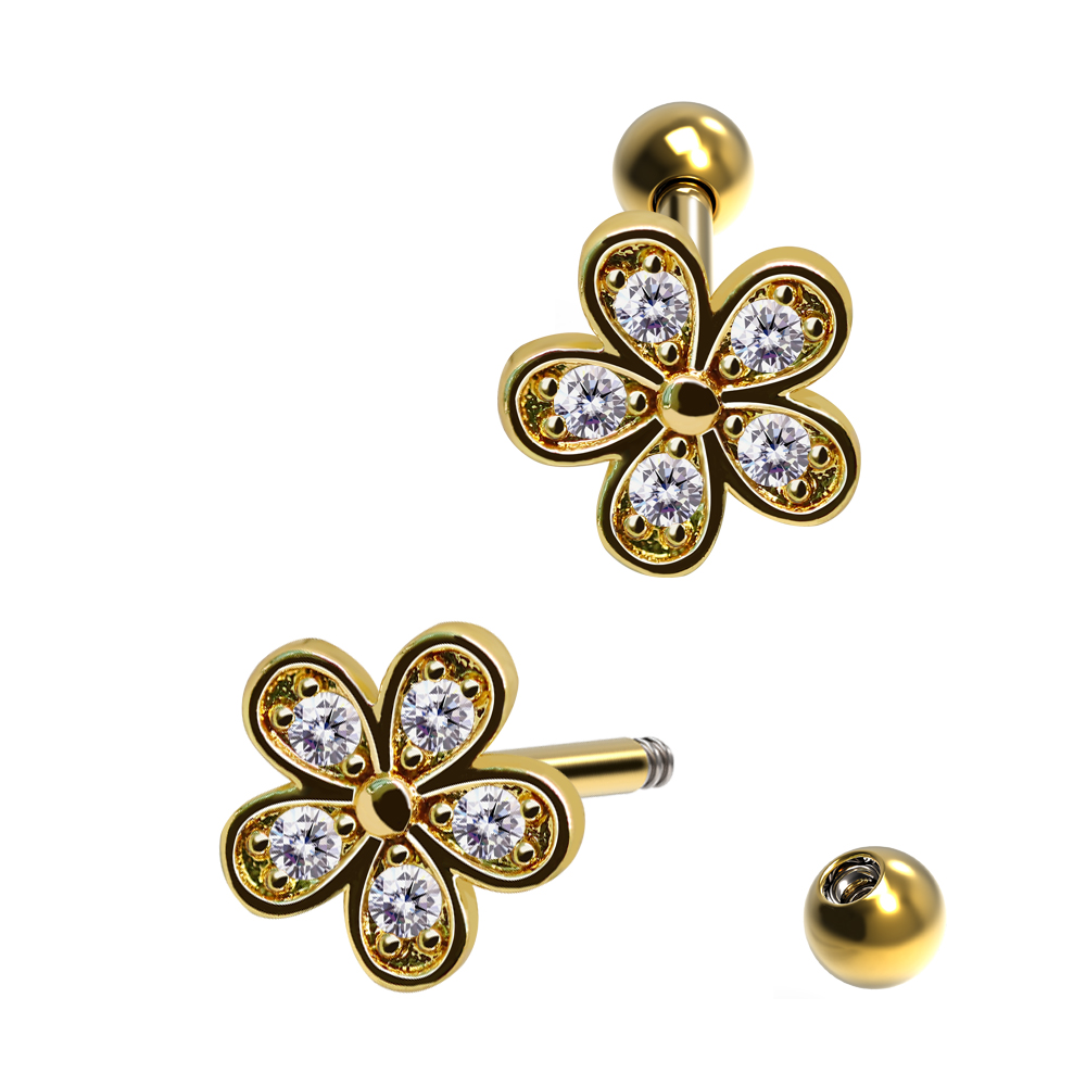 Steel 316L Barbell in Flower Design  with Crystals - CC Crystal Clear