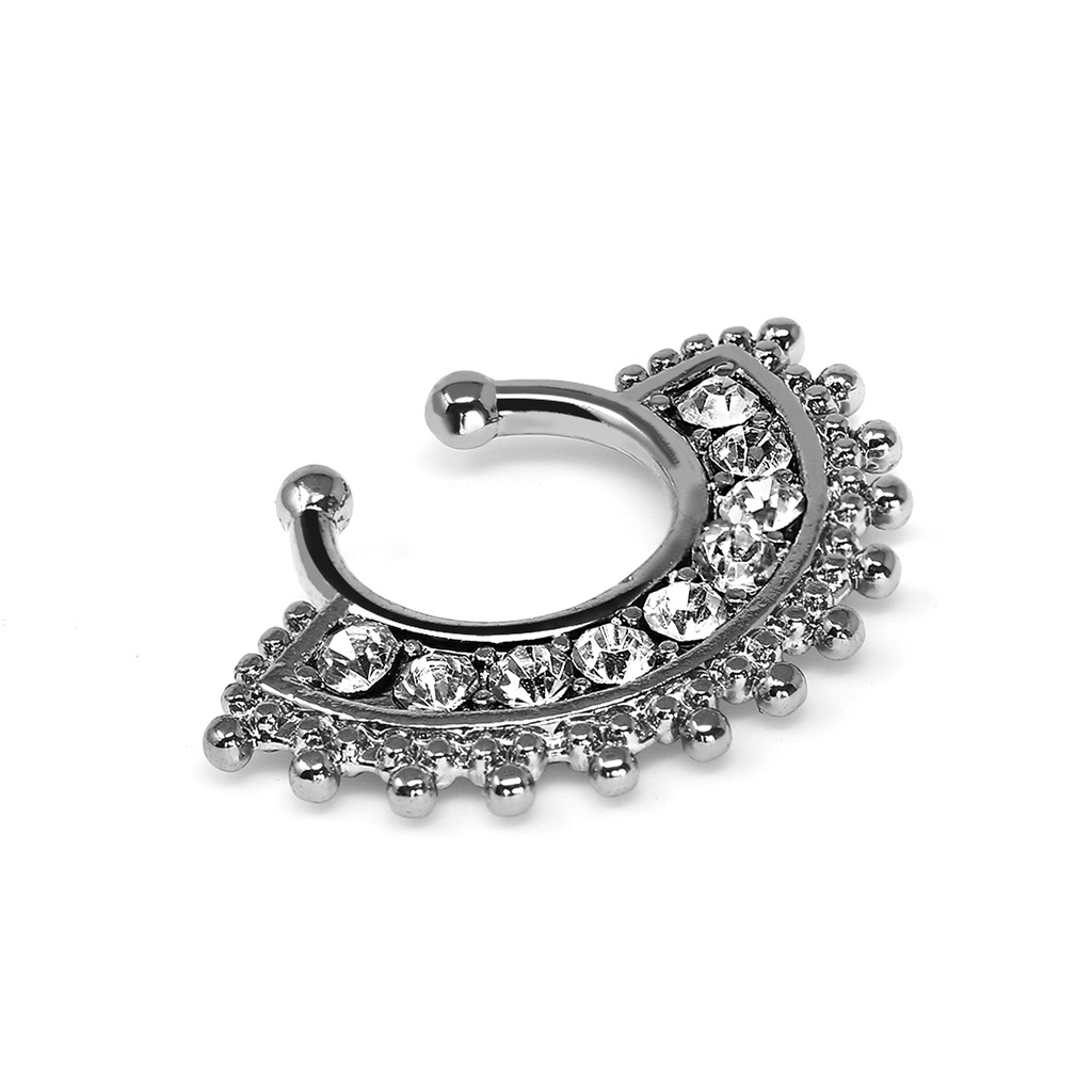 Brass White Rhodium Plated Clip-on septum Ring with Crystals in Tribal Fan Design 