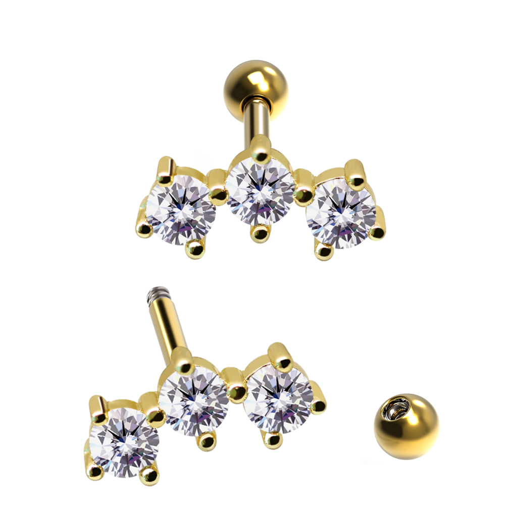 Steel 316L Barbell in Fashion Brass Design with Crystals - CC Crystal Clear