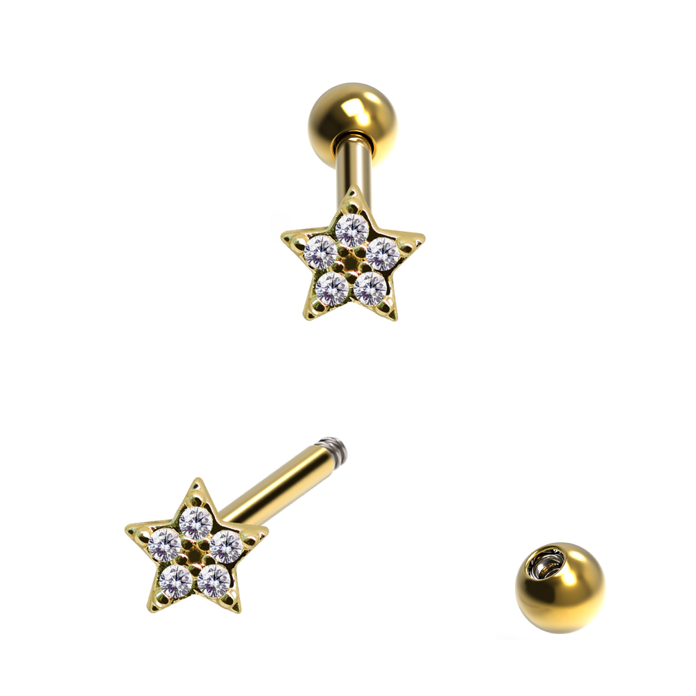 Steel 316L Barbell in Star Design with Crystals - CC Crystal Clear