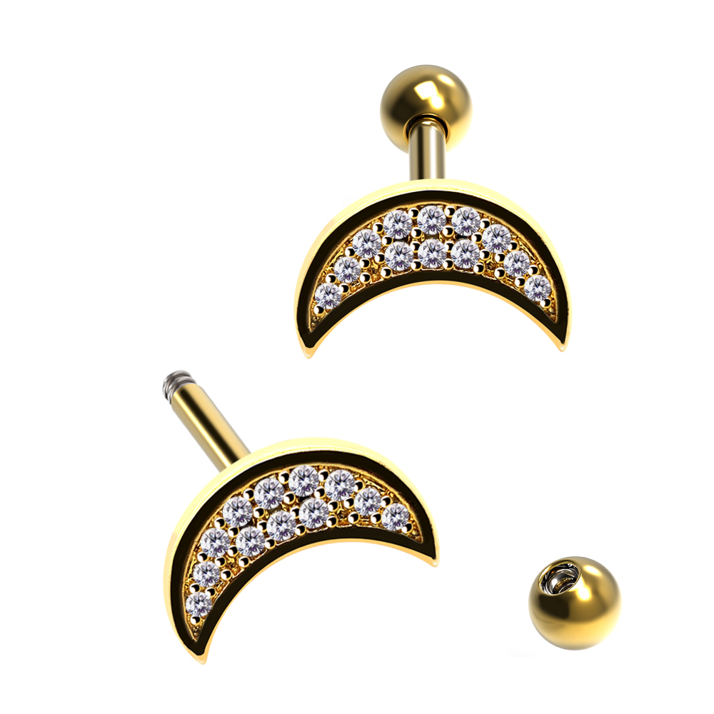 Steel 316L Barbell in Moon Design with Crystals - CC Crystal Clear