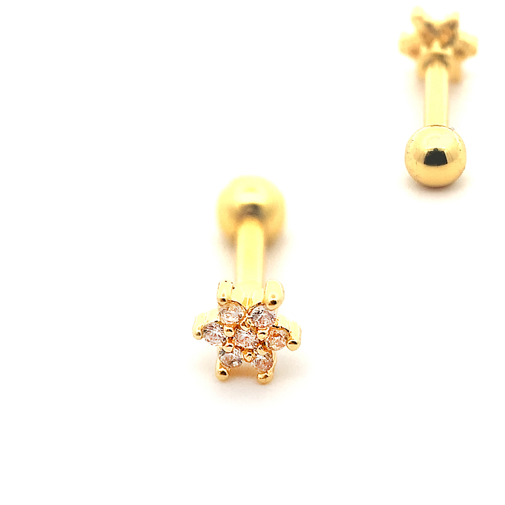 Steel 316L Barbell with Flower Design and Crystals - CC Crystal Clear