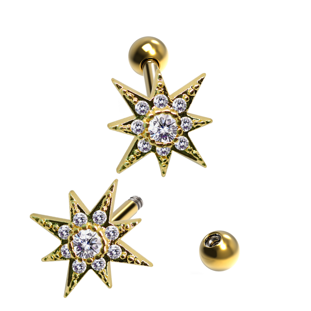 Steel 316L Barbell in Star Brass Design with Crystals - CC Crystal Clear