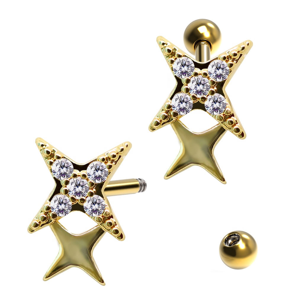 Steel 316L Barbell in Star Design  with Crystals - CC Crystal Clear