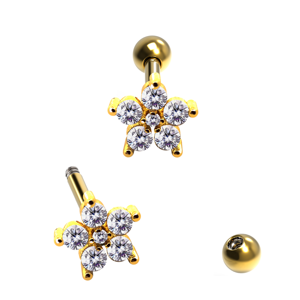 Steel 316L Barbell in Flower Design with Crystals - CC Crystal Clear