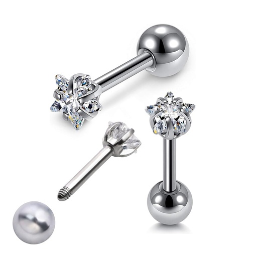 Steel 316L Barbell with 3mm Prong Setted Star Cubic Zirconia Stone - 16GA(1.2mm)