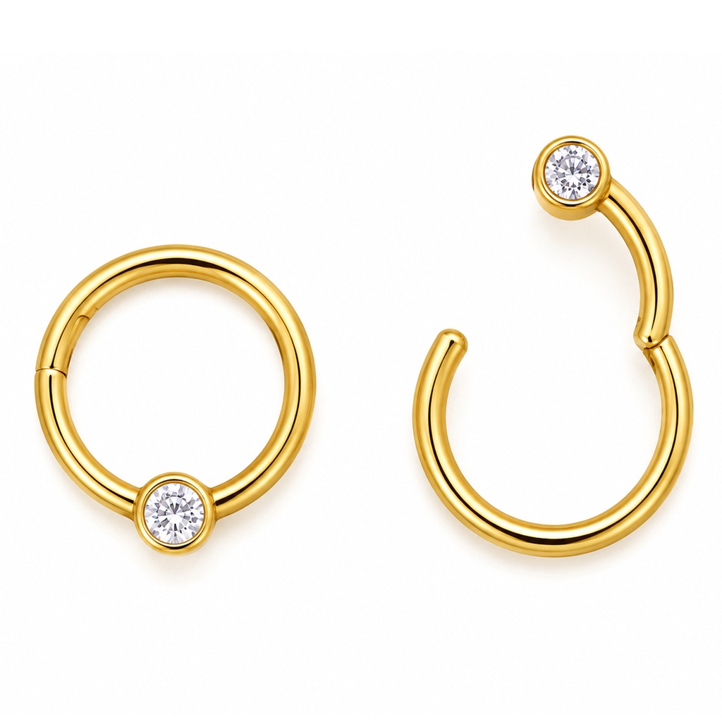 14K Real Gold Hinged Segment Ring Clicker with Cubic Zirconia - 18GA(1.0mm)
