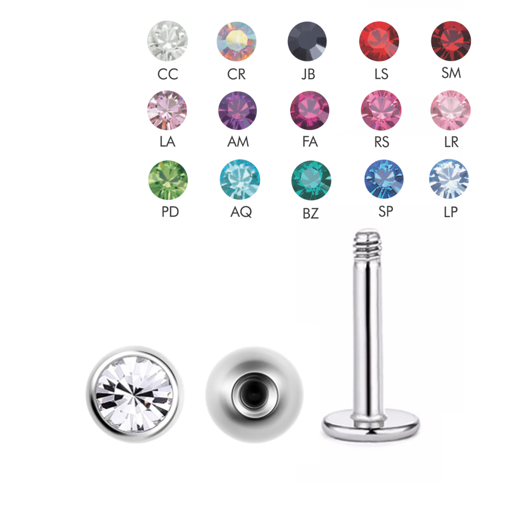 Steel 316L Labret with Setted Crystal Screwball (3mm) - 16GA(1.2mm) 