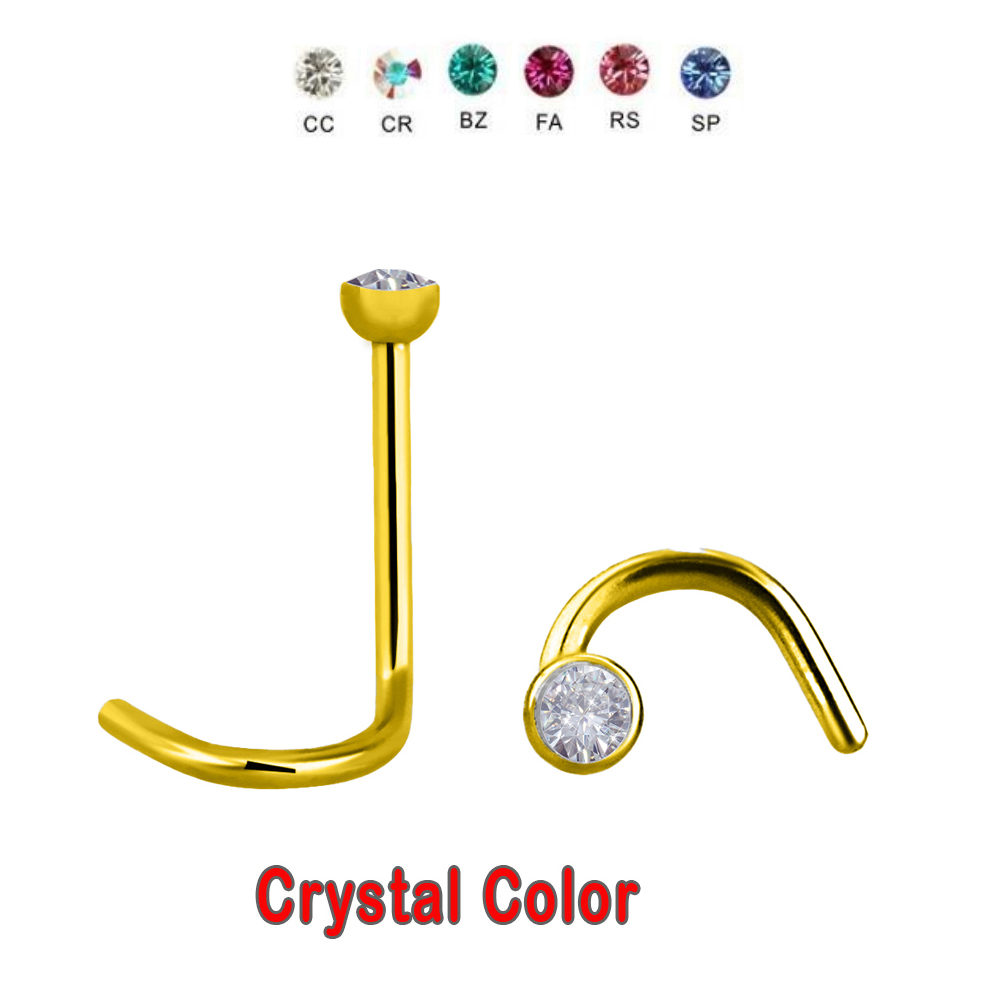 Steel 316L Gold Ti- PVD Coated Nose Spiral with 2mm Crystal - 18GA(1.0mm) 
