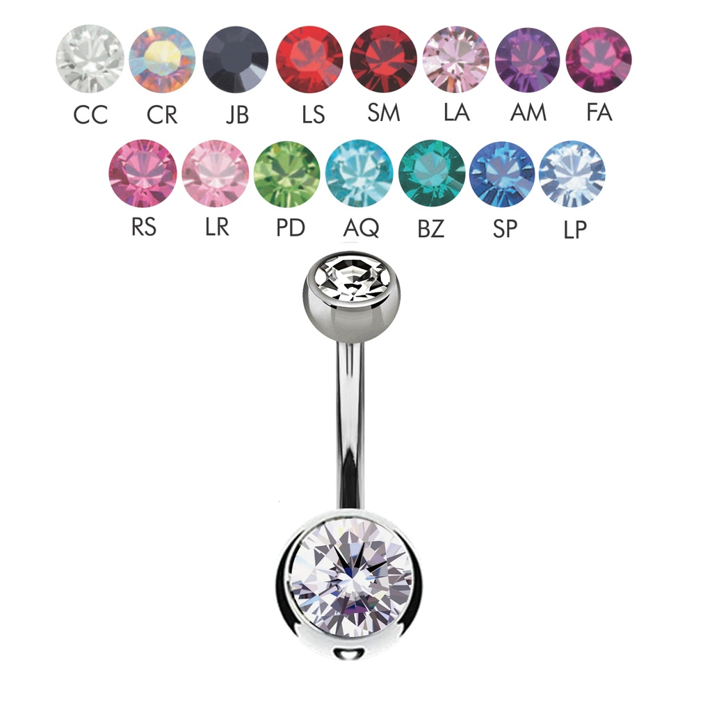 Steel 316L Bananabell with Double Setted Crystal Ball (5+8mm) - 14GA(1.6mm) 