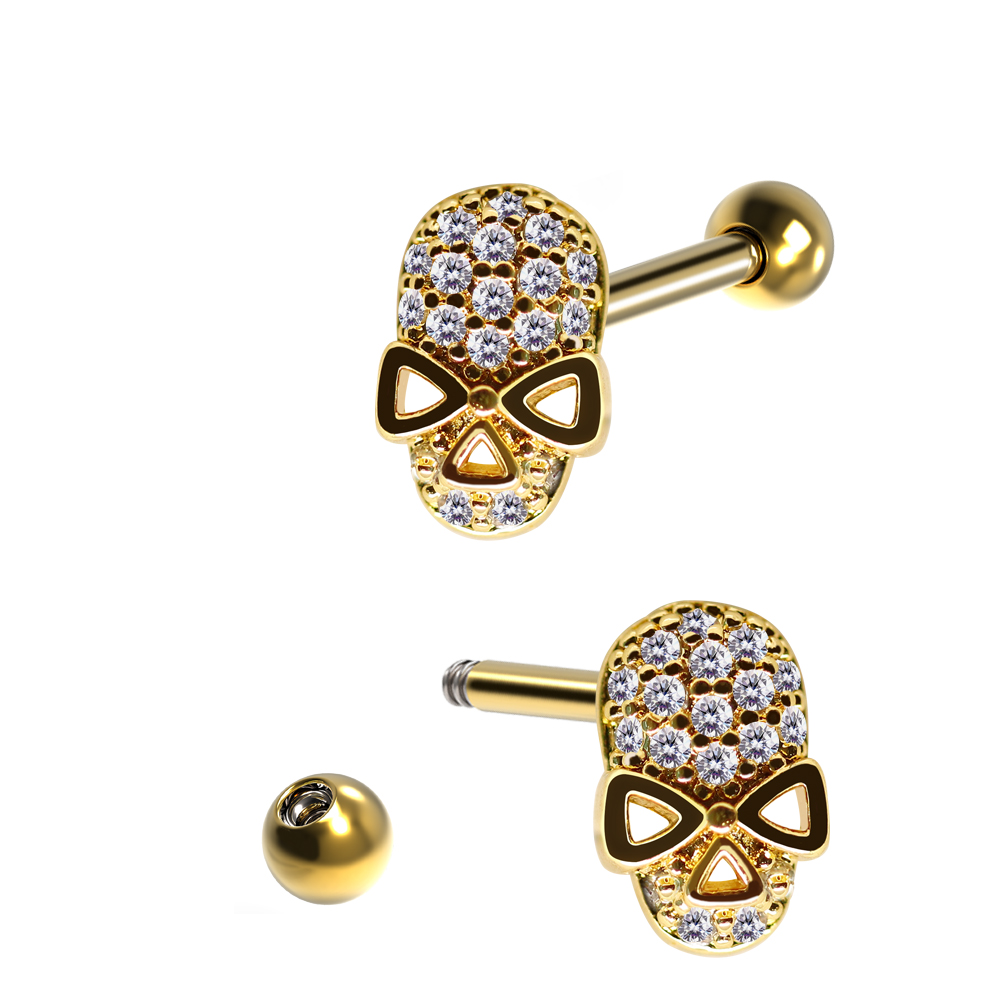Steel 316L Barbell in Skull Design with Crystals - CC crystal clear