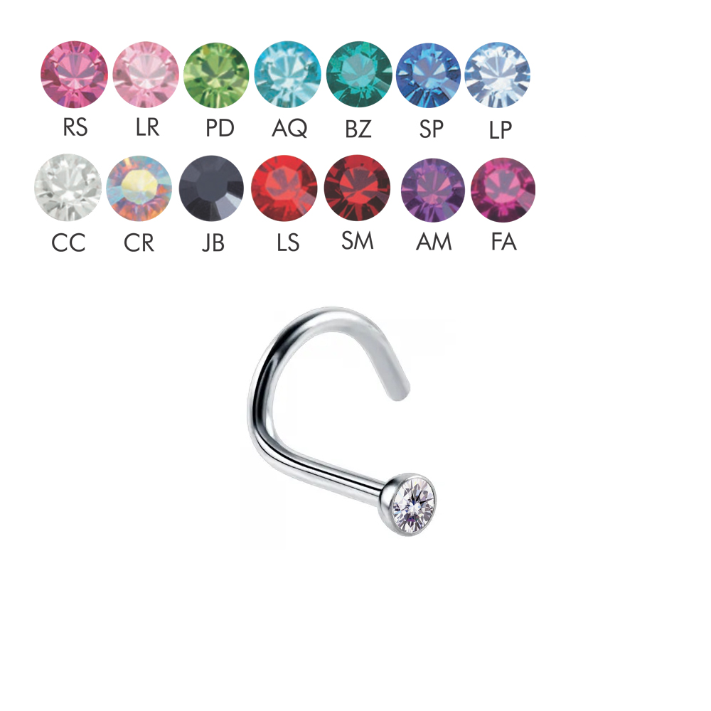 Steel 316L Nose Spiral with 2mm Crystal - 18GA(1.0mm)