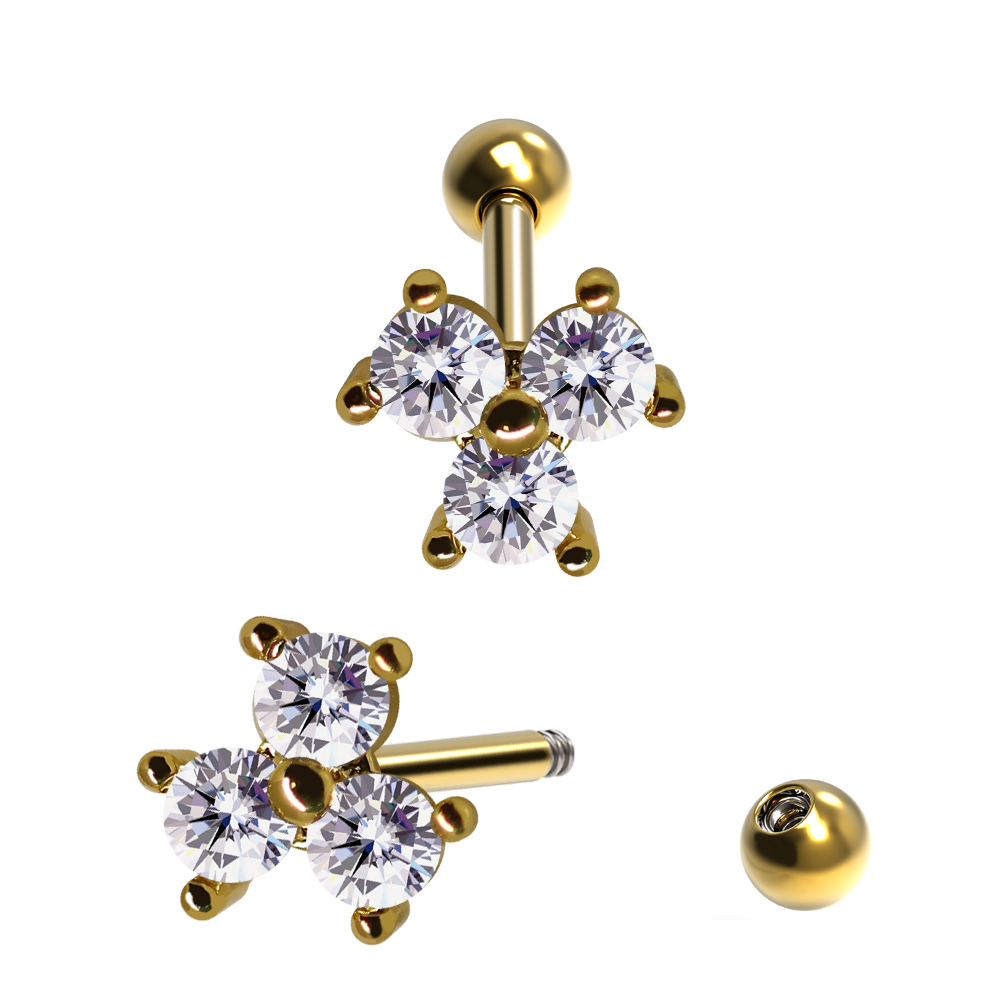 Steel 316L Barbell in Flower Design with Crystals - CC Crystal Clear