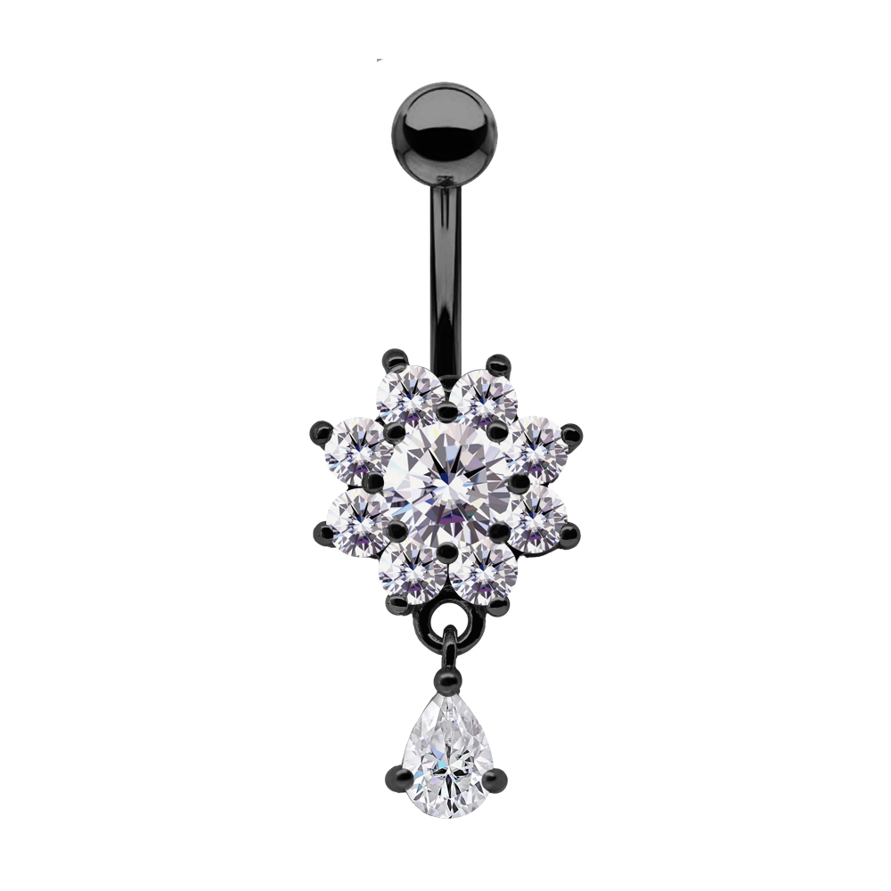 Steel 316L Black Ti-PVD Coated Belly Button Banana in Fashion Design - CC Crystal Clear -14GA(1.6mm)  