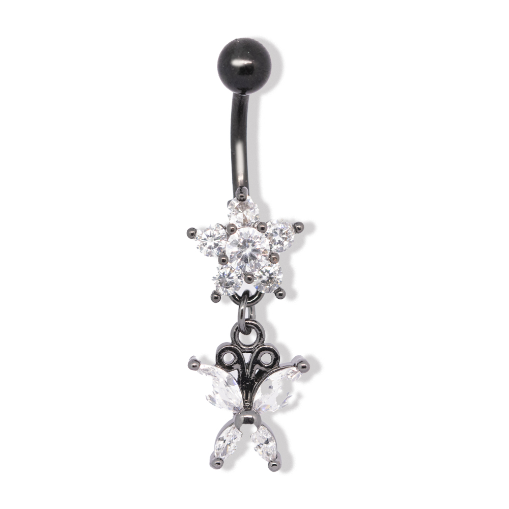 Steel 316L Black Ti-PVD Coated Belly Button Banana in Fashion Design - CC Crystal Clear -14GA(1.6mm) 