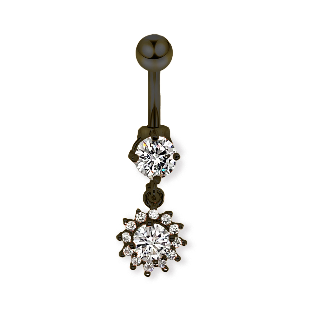 Steel 316L Black Ti-PVD Coated Belly Button Banana in Fashion Design - CC Crystal Clear -14GA(1.6mm)    