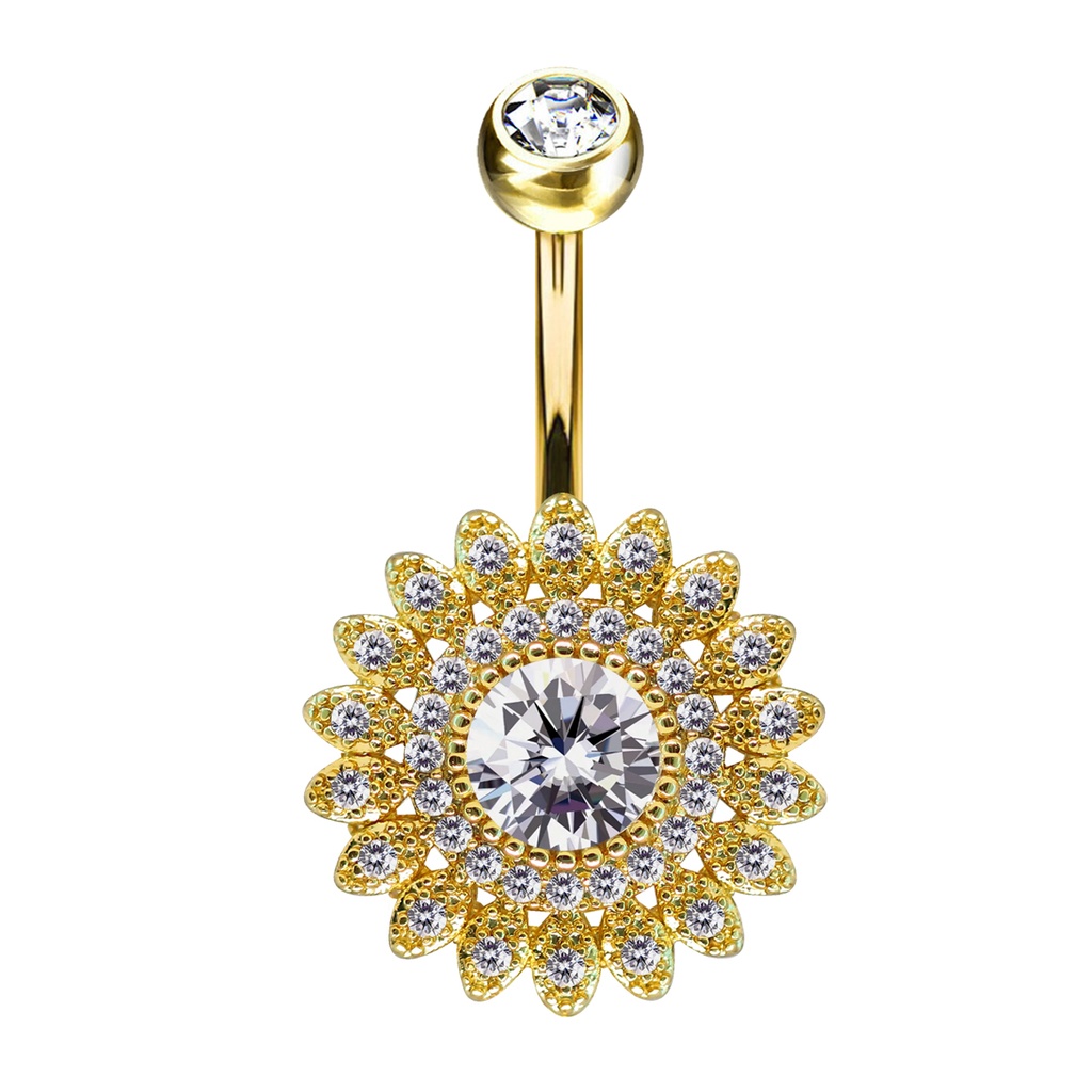 Steel 316L Gold PVD Titanium Coated Belly Button Banana in Fashion Design - CC Crystal Clear -14GA(1.6mm)  