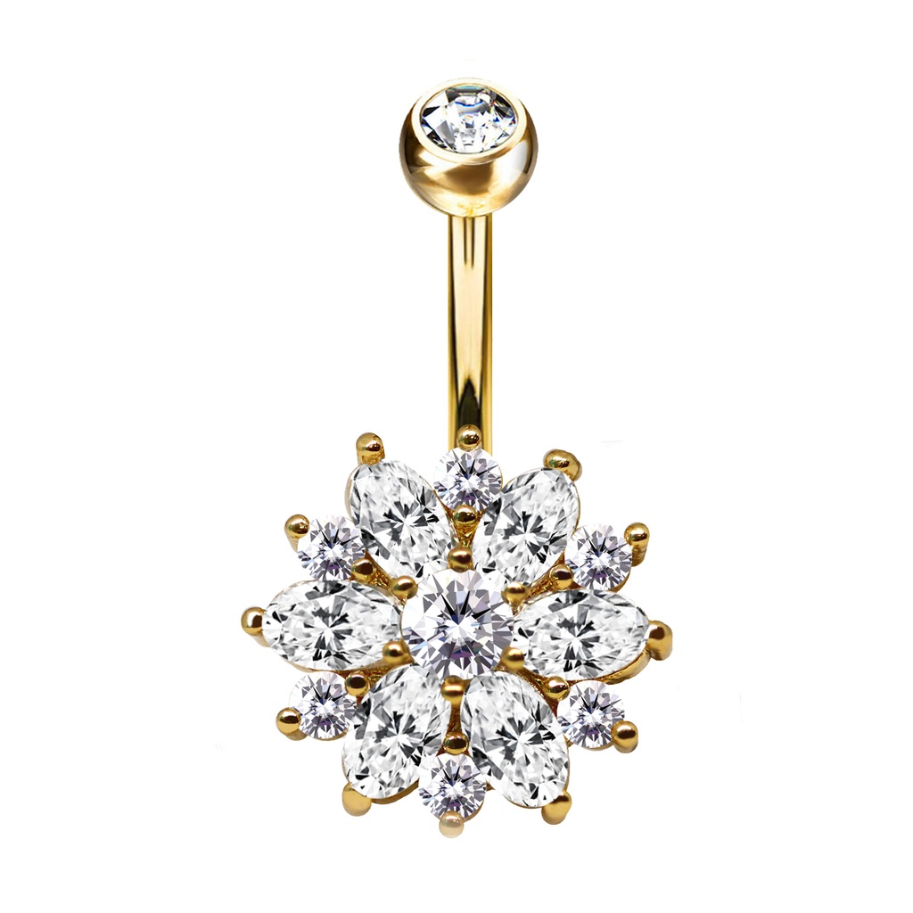 Steel 316L Gold PVD Titanium Coated Belly Button Banana in Fashion Design - CC Crystal Clear -14GA(1.6mm)  