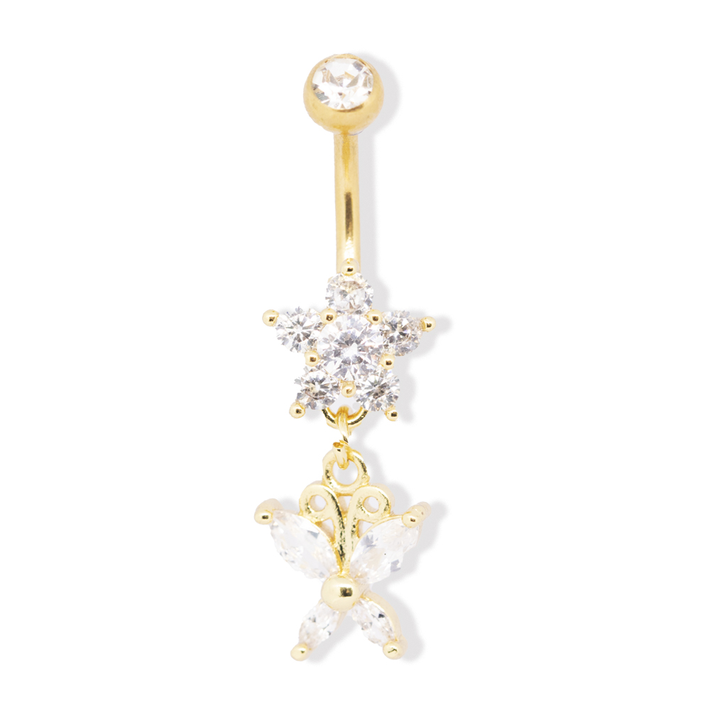 Steel 316L Gold PVD Titanium Coated Belly Button Banana in Fashion Design - CC Crystal Clear -14GA(1.6mm)    