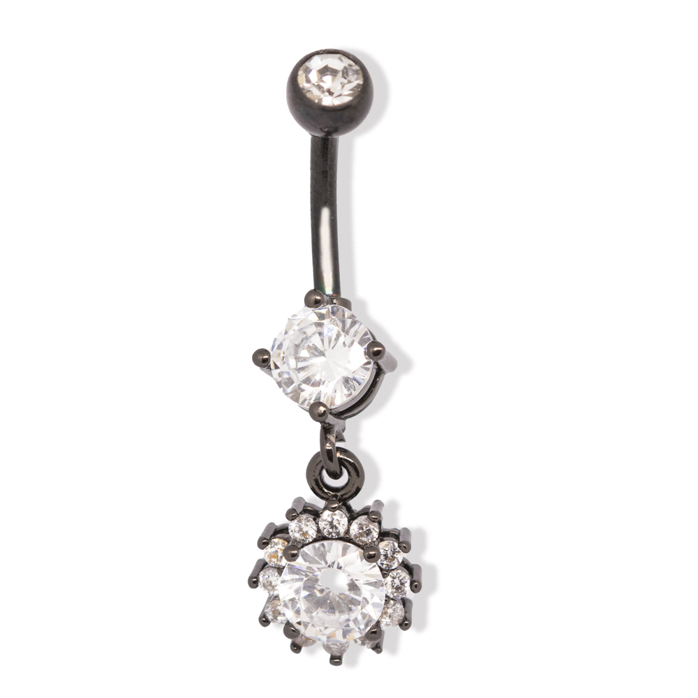 Steel 316L Black PVD Titanium Coated Belly Button Banana in Fashion Design - CC Crystal Clear -14GA(1.6mm)     