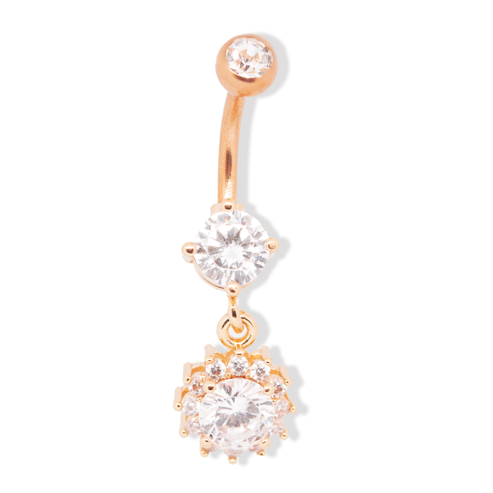 Steel 316L Rose Gold PVD Titanium Coated Belly Button Banana in Fashion Design - CC Crystal Clear -14GA(1.6mm)      