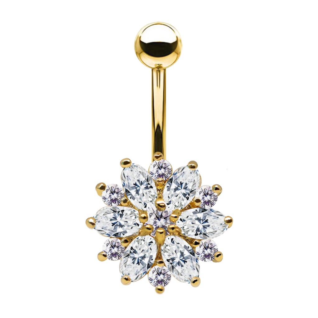 Steel 316L Gold Ti-PVD Coated Belly Button Banana in Fashion Design - CC Crystal Clear -14GA(1.6mm)  