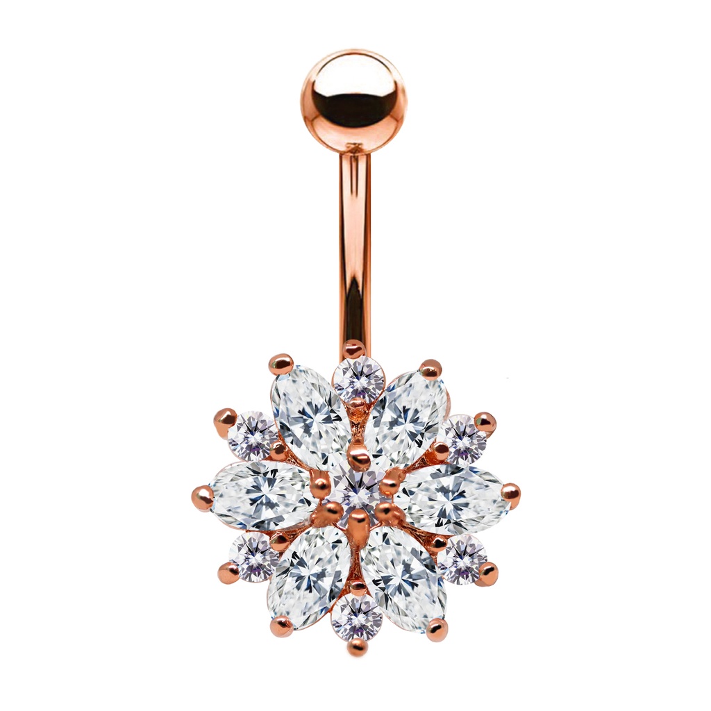 Steel 316L Rose Gold Ti-PVD Coated Belly Button Banana in Fashion Design - CC Crystal Clear 