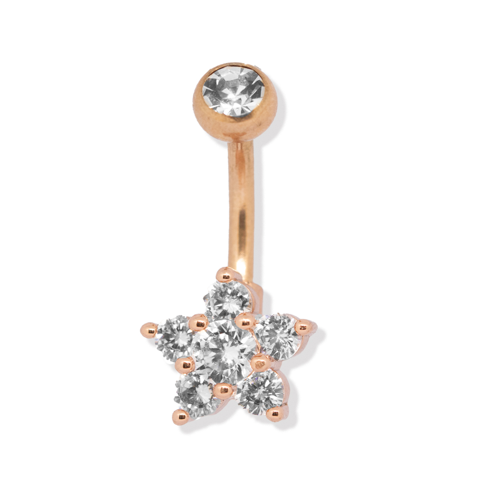 Steel 316L Rose Gold Ti-PVD Coated Belly Button Banana in Fashion Design - CC Crystal Clear   