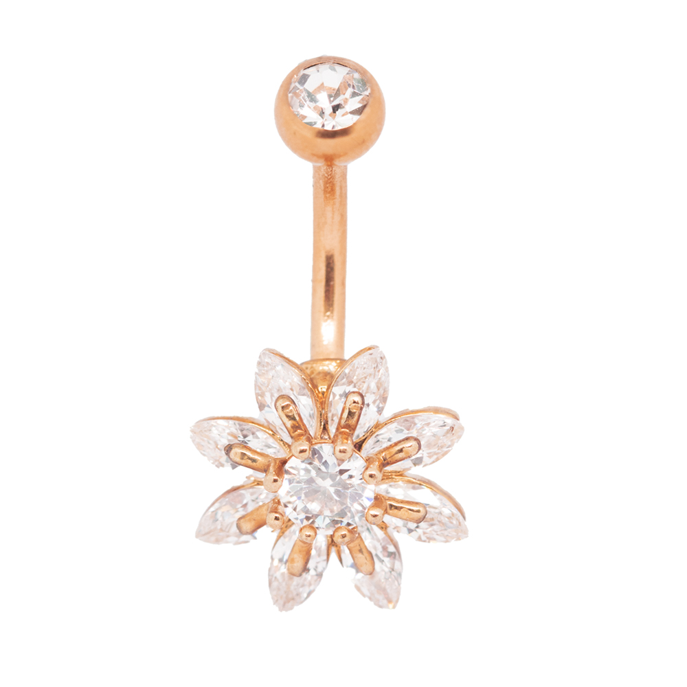 Steel 316L Rose Gold Ti-PVD Coated Belly Button Banana in Fashion Design - CC Crystal Clear 
