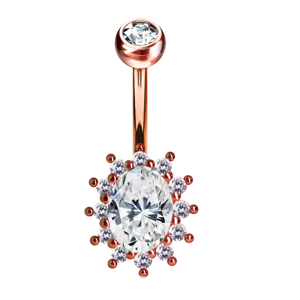 Steel 316L Rose Gold Ti-PVD Coated Belly Button Banana in Fashion Design - CC Crystal Clear 
