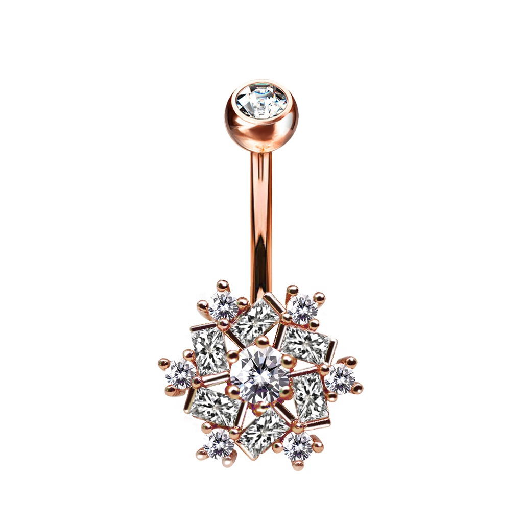 Steel 316L Rose Gold Ti-PVD Coated Belly Button Banana in Fashion Design - CC Crystal Clear 