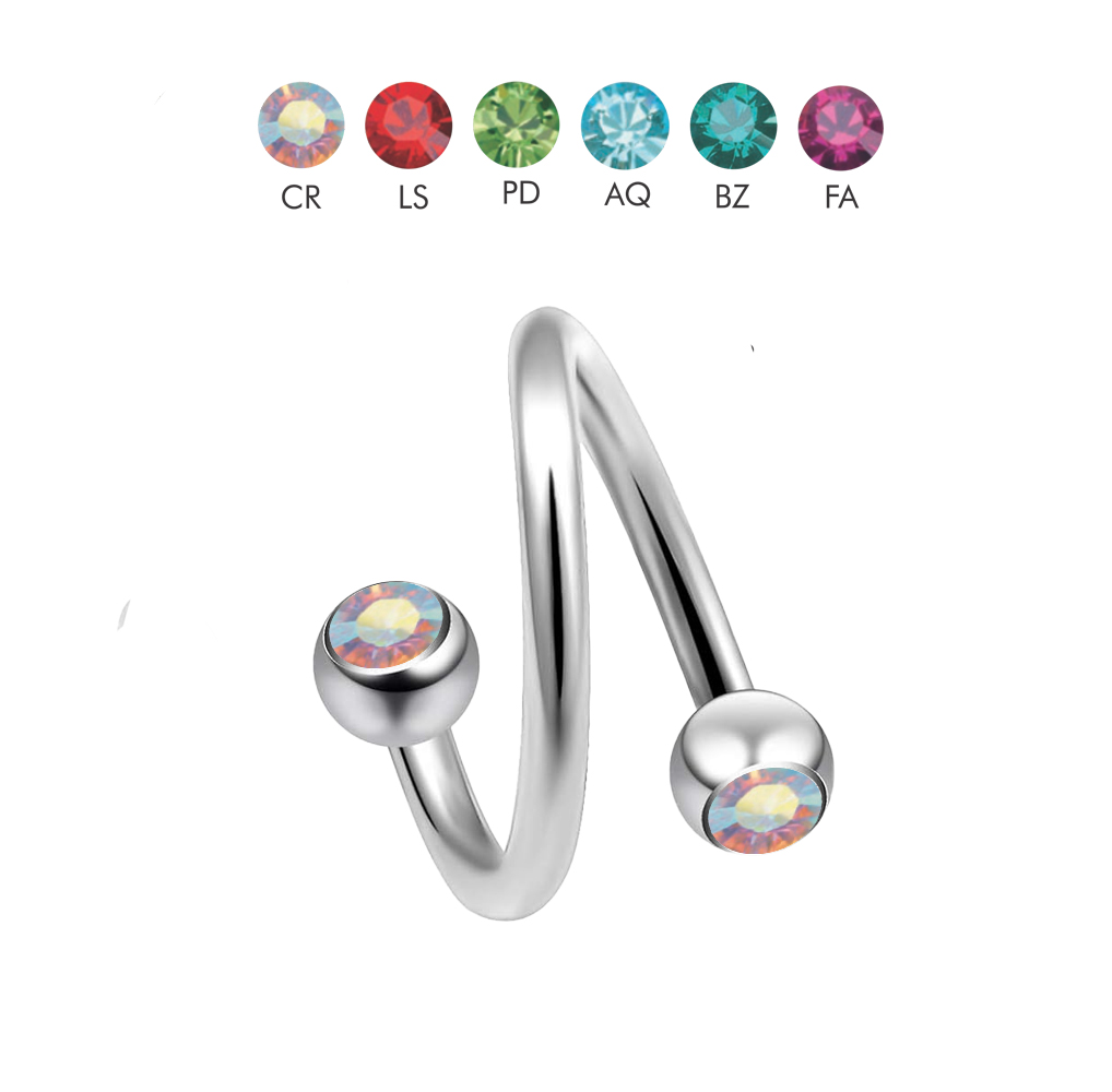 Titanium G23 Spiral Twister with double setted crystal balls in  different sizes - 14GA(1.6mm) 