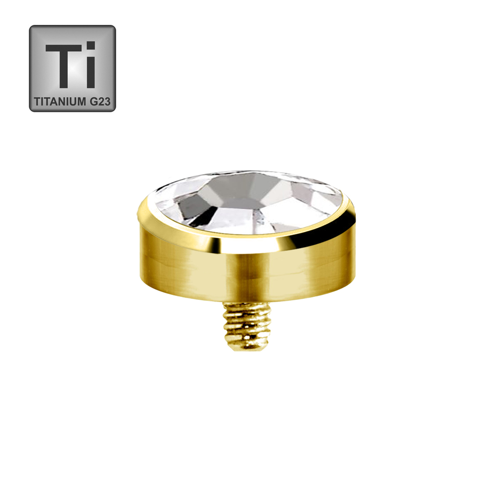 Titanium G23 Gold Plated Dermal Anchor with Flat Crystal Disc - 16GA(1.2mm)