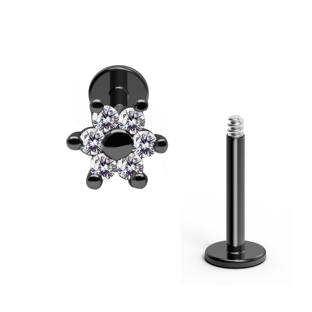 Steel 316L Helix Labret in Flower Design with Crystals - CC-Crystal Clear - 16GA(1.2mm) 