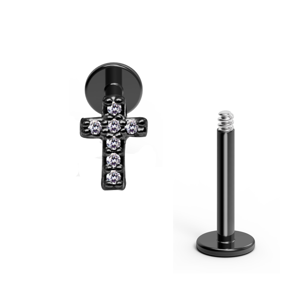 Steel 316L Helix Labret in Cross Design with Crystals - CC-Crystal Clear - 16GA(1.2mm)     
