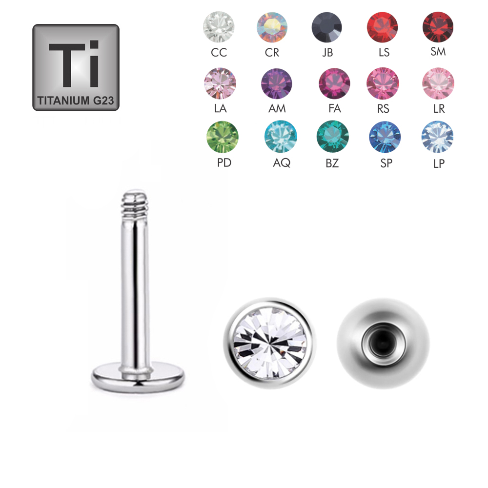 Titanium G23 Labret (One Piece with Flat Bottom Plate) with 5mm Crystal Screwball - 14GA(1.6mm)   
