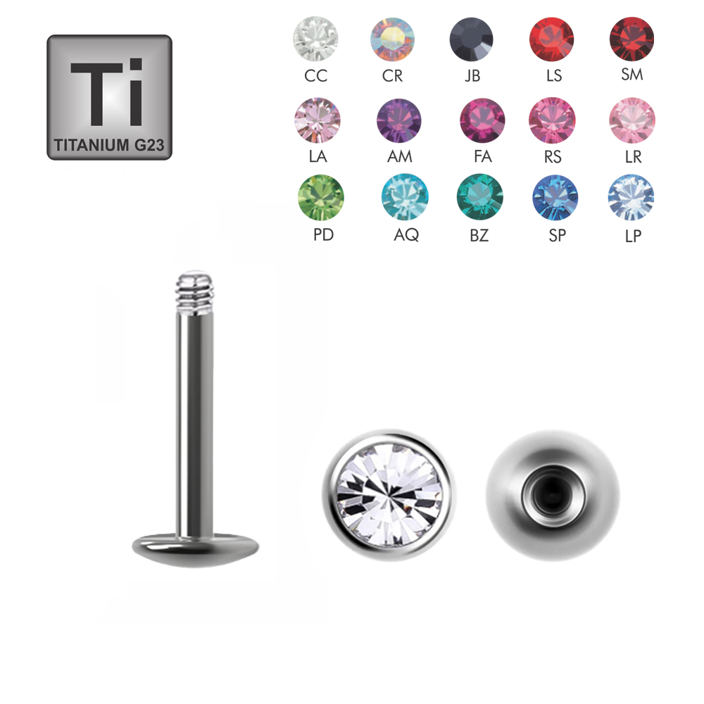 Titanium G23 Labret (One Piece with Round Bottom Plate) with 5mm Crystal Screwball - 14GA(1.6mm)   