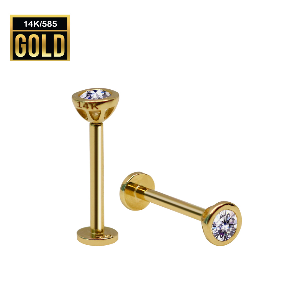 14K Real Gold Internally Labret with Cubic Zirconia Setted Top Design - 18GA(1.0mm) 