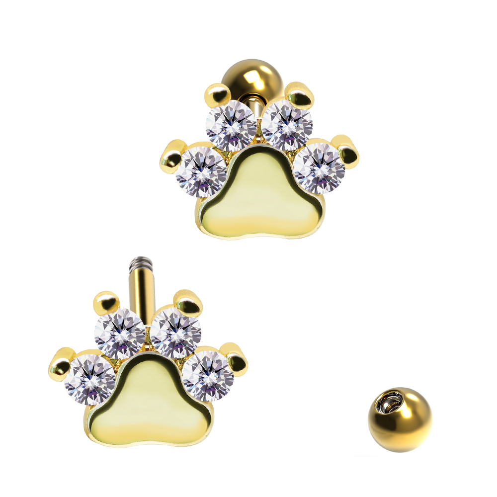 Steel 316L Barbell in Paw Design with Crystals - CC Crystal Clear