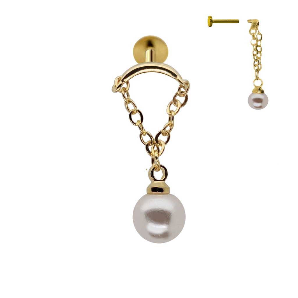 Steel 316L Gold Ti-PVD Coated Internally Threaded Hidden Helix/Rook Labret with Link Chain & Pearl 