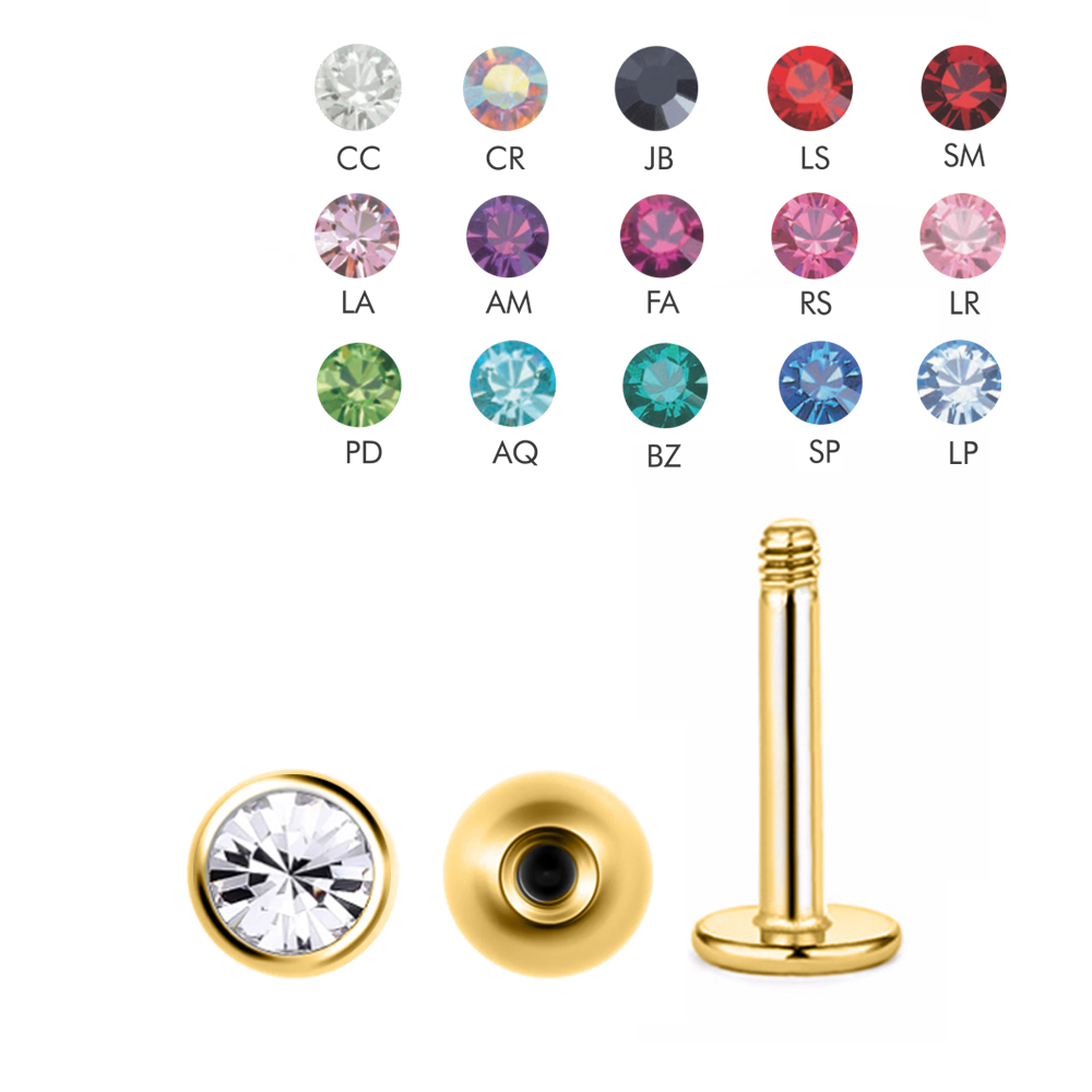 Steel 316L Gold Ti-PVD  Coated Labret with Setted Crystal Screwball (2.5mm) - 16GA(1.2mm) 