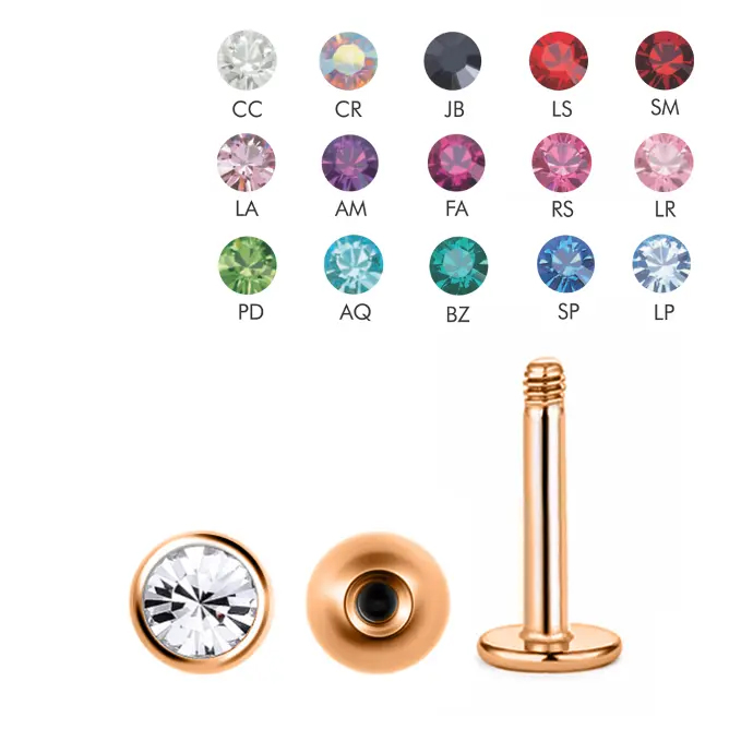 Steel 316L Rose Gold PVD Titanium Coated Labret with Setted Crystal Screwball (3mm) - 16GA(1.2mm) 