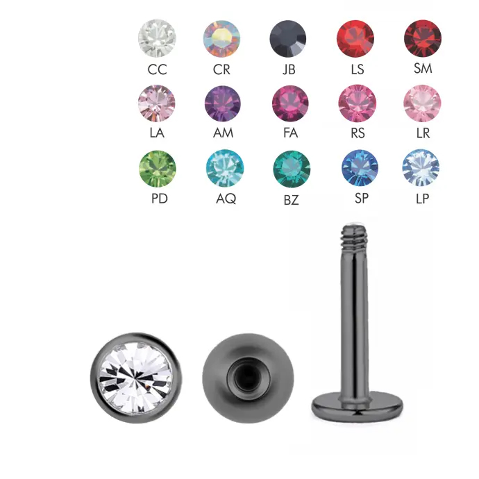 Steel 316L Black Ti-PVD  Coated Labret with Setted Crystal Screwball (3mm) - 16GA(1.2mm)   