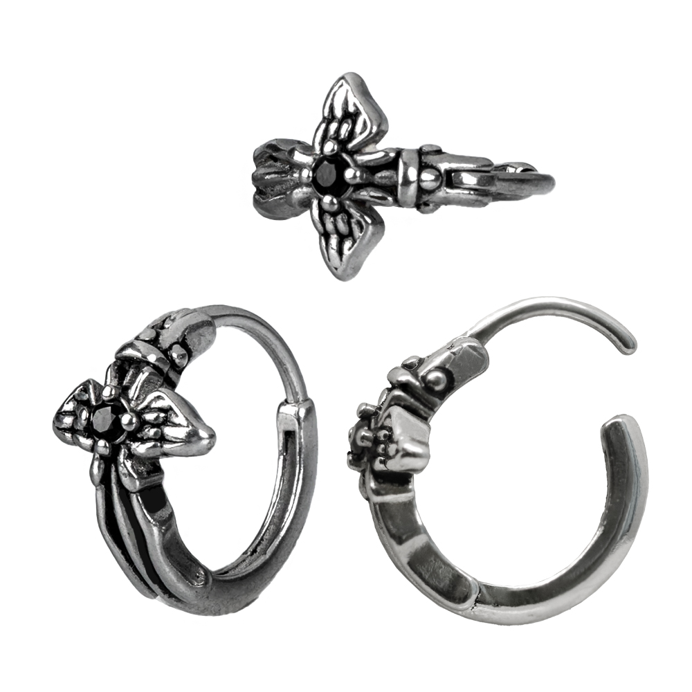 Steel  316L Casting Hinged Segment Ring Clicker Gothic Wing Cross With Black Stone