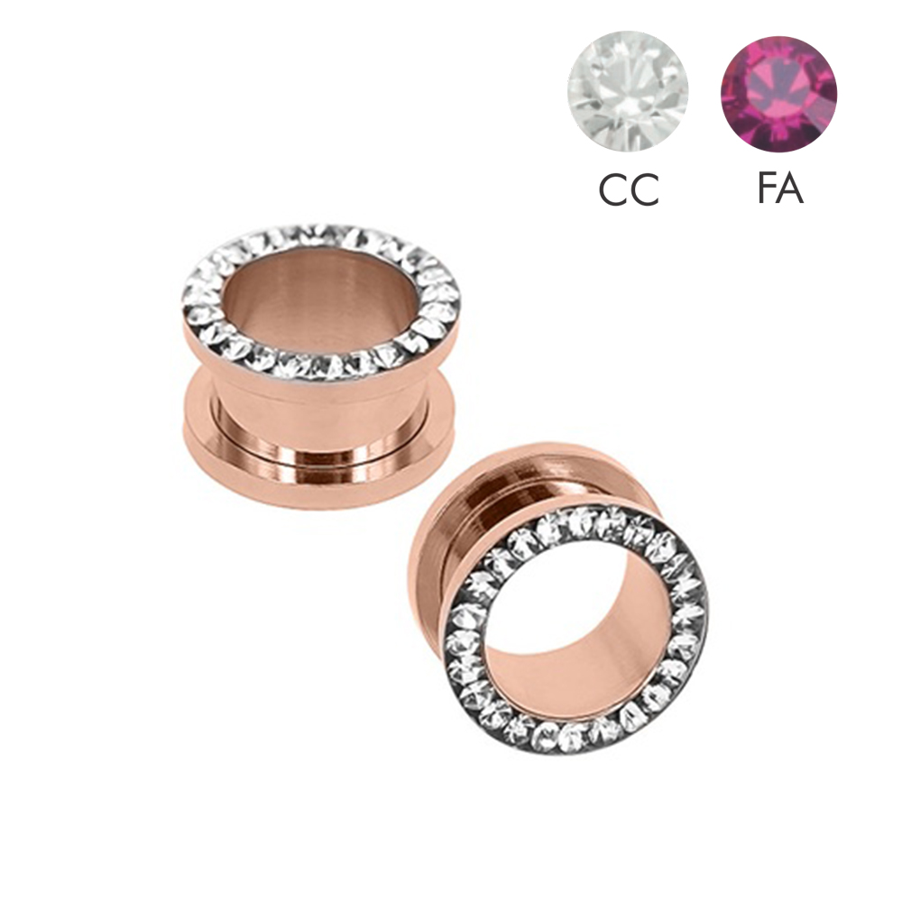 Steel 316L Rose Gold PVD Titanium Coated Hard Edge Gem Rimmed Tunnel