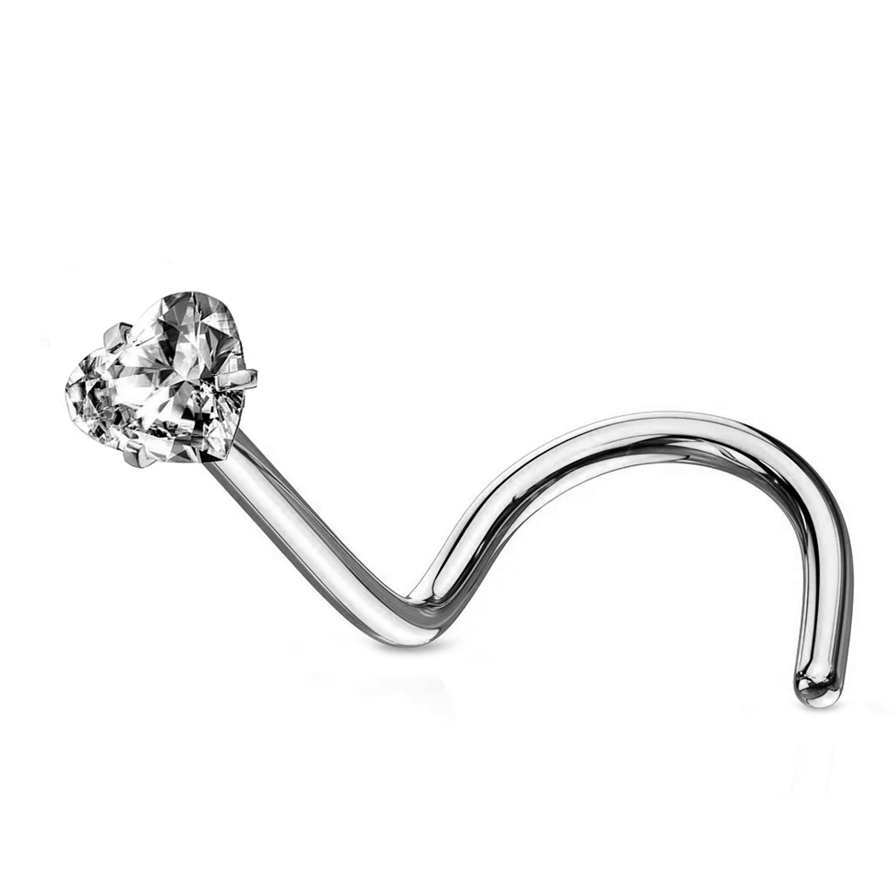 Steel 316L Nose Spiral with Prong Setted Heart Stone - 20GA(0.8mm)