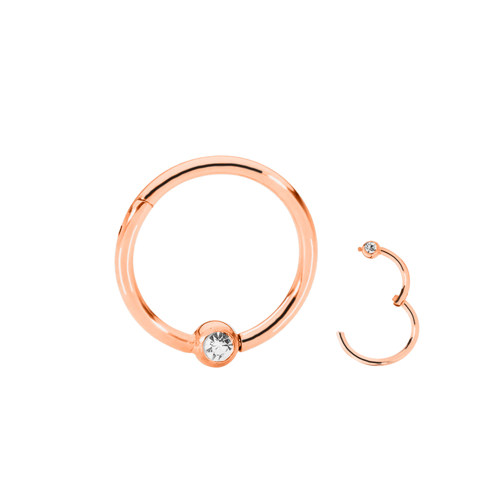 Steel 316L Rose Gold Ti-PVD Coated Hinged Segment Ring Clicker with Crystal Ball