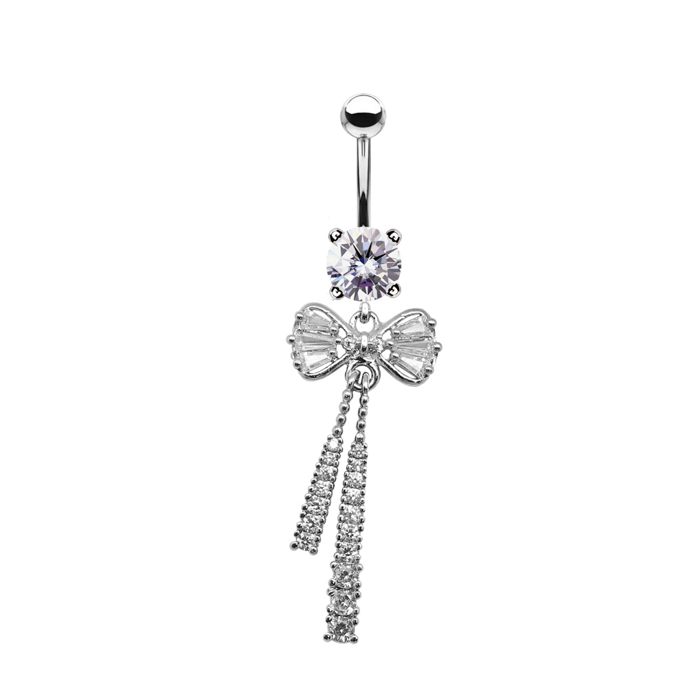 Steel 316L Belly Banana with Crystal -Bow & Tassel CC Crystal Clear -14GA(1.6mm)  